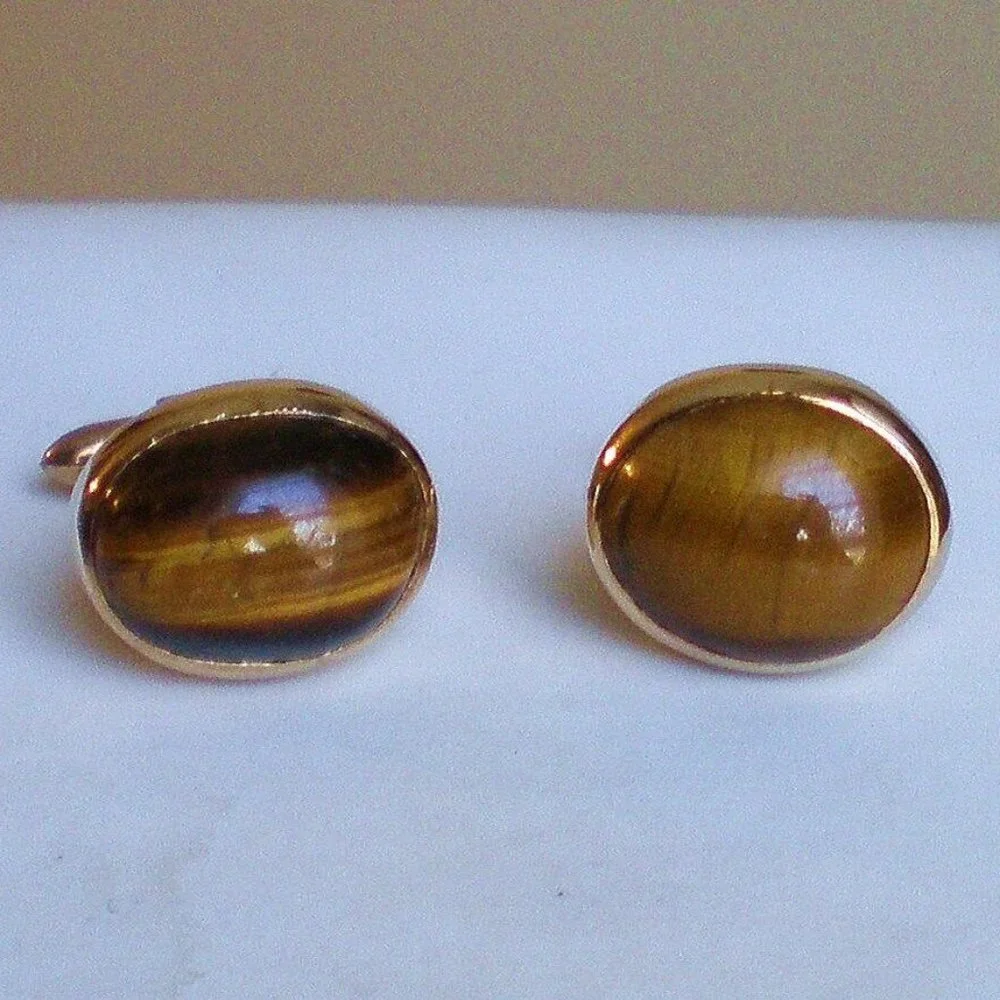 Vintage Solid 10K Yellow Gold Tiger Eye Men's Men Cufflinks Original Box 18.7 g.